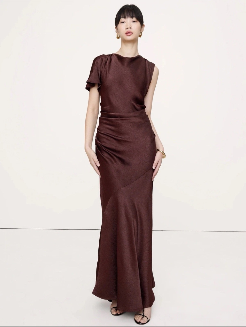 Banana Republic Asymmetrical Brown Satin Draped Maxi Dress XL